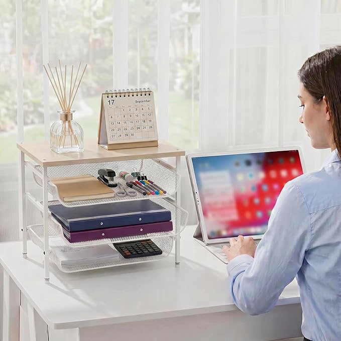 4-Tier Mesh Desk Organizer with Drawer Wooden Top Desktop Organizers File Holder Letter Tray Supplies Paper Organizer Home Office Accessories White
