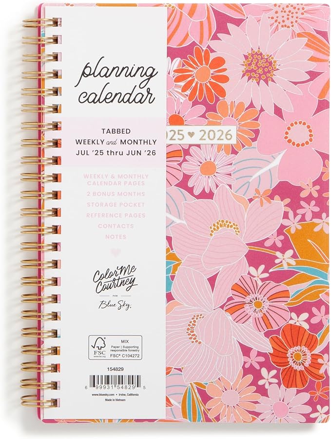 Blue Sky Color Me Courtney 2025-2026 Weekly and Monthly Academic Year Planner Calendar, July 2025 - June 2026, 5" x 8", Flexible Cover, Wirebound, Laminated Tabs, Storage Pocket, Bloom Pink