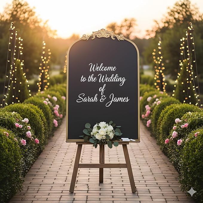 Vintage Magnetic Arch Chalkboard with Shelf - 24"x36" Decorative Wall Mounted Ornate Gold Framed Blackboard with Chalk, Clips & Cloth - Elegant Wedding Sign & Kitchen Menu Home Decor