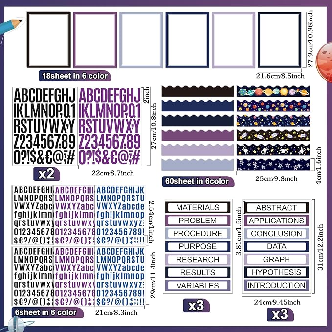 Sinload 92 Pcs Science Fair Board Supplies 60 Trim Scalloped Poster Boards 18 Presentation Subtitles 6 Project Titles 8 Letter Sticker for Classroom Display Boards (Purple,Space)
