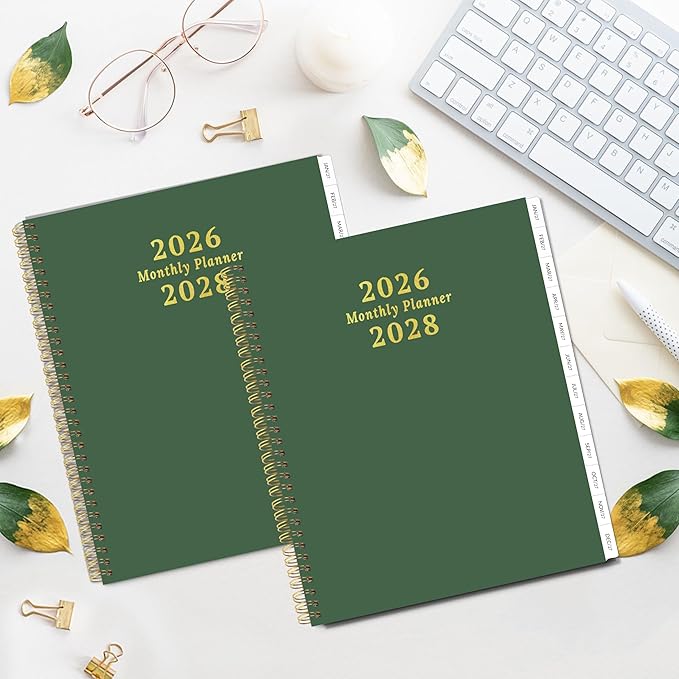 2026-2028 Monthly Planner, 2 Year Monthly Planner/Calendar 2026-208, Jul 2026 – Jun 2028, 9" x 11", Tabs, Double-Side Pocket, Holidays, Thick Paper - Dark Green