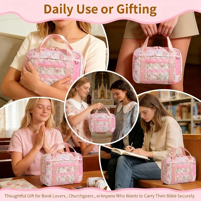 Quilted Bible Cover for Women, Zippered Bible Case with Handle, Bible Organizer Bag w/Multiple Pockets & Pen Slots Lightweight Bible Tote Bag for Church Study, Gifts for Women (Spliced Flower, Pink)