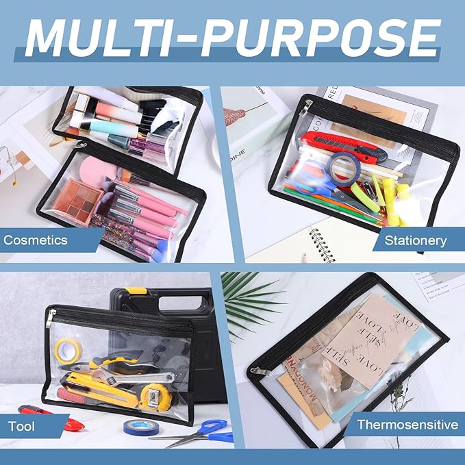 16 Pieces Clear Zipper Pouches Pencil Pouches PVC Makeup Pouch Envelopes Folder Storage Multi Purpose Pouch Document File Organization Bags, Office Supplies (Black Edging, 11.5 x 7.5 Inches)
