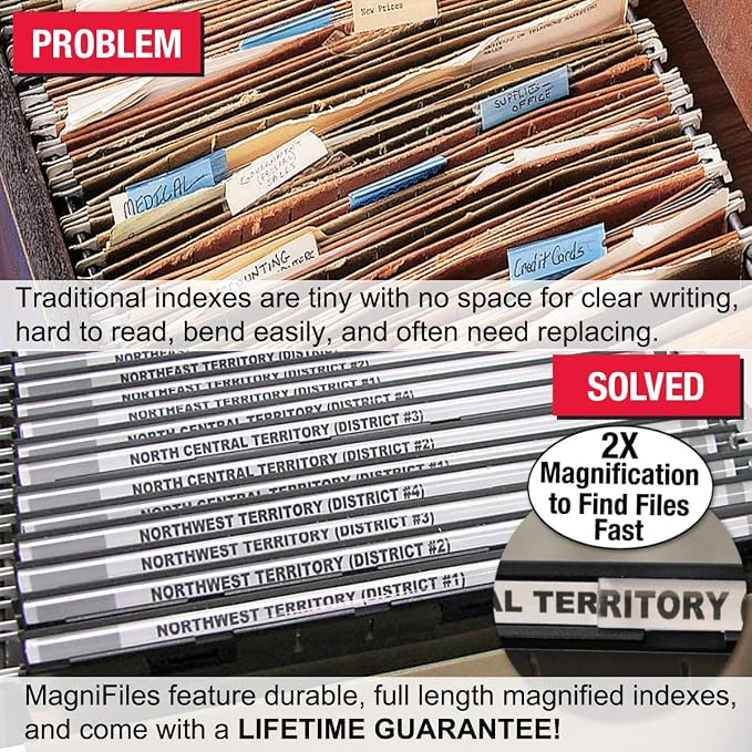 New Ultimate Office MagniFile Insertable Hanging File Folder Tabs. Indexes that Double The Size of Your File Titles to Find Files Fast! (Set of 10), Black