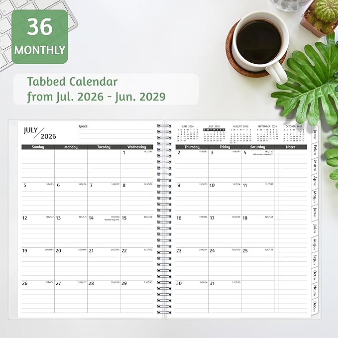 Monthly Planner 2026-2029, 36 Months Calendar Planner 2026-2029 from Jul 2026 – Jun 2029, 8.5'' x 11'' with Ruled Spread, Flexible Cover, Spiral Wirebound, Pocket, Coated Tabs, Notes ＆ Habit Tracker