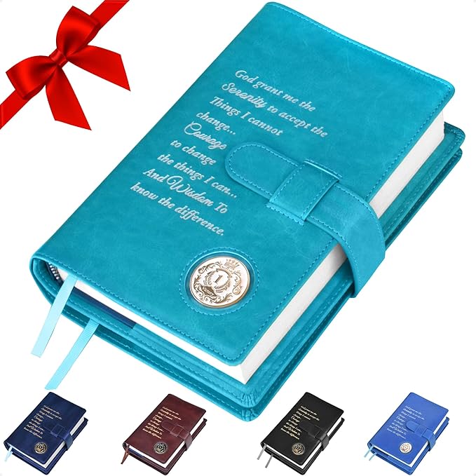 GALILEO® Double AA Big Book Cover & 12 Steps & 12 Traditions | AA Gift | Alcoholics Anonymous | PU Leather | Coin Holder | AA Book Covers for Hardcover (Serenity Prayer/Coin Pocket/Ocean Turquoise)