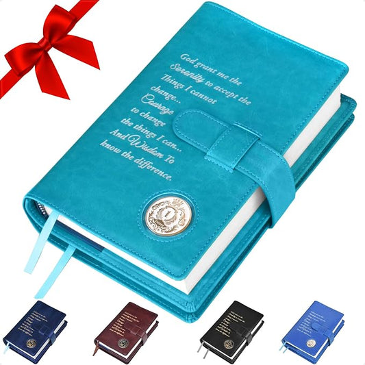GALILEO® Double AA Big Book Cover & 12 Steps & 12 Traditions | AA Gift | Alcoholics Anonymous | PU Leather | Coin Holder | AA Book Covers for Hardcover (Serenity Prayer/Coin Pocket/Ocean Turquoise)