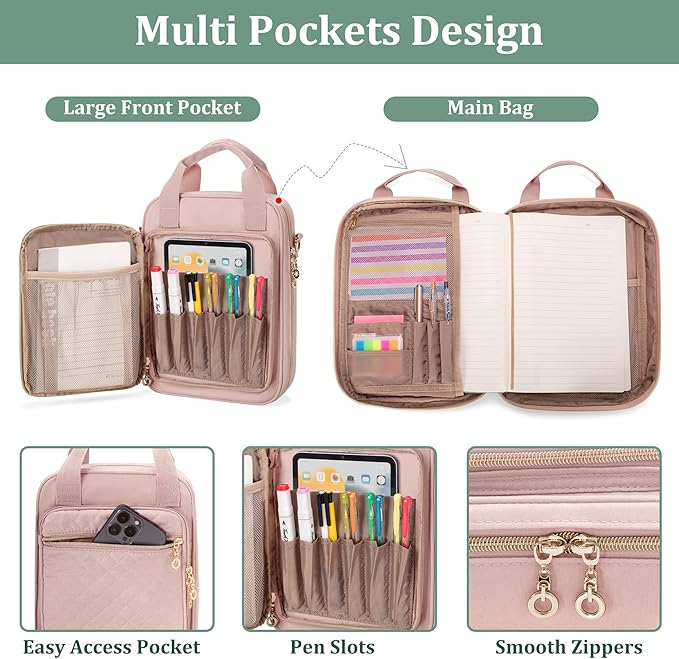 Teamoy Journal Supplies Storage Case, Journal Supplies Holder with Pen Slots, Travel Organizer Holder for B5 Notebooks, Planner, Pens, Journal Supplies and Accessories, Pink Quilted