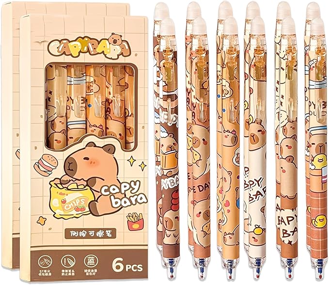 12-Pack Cute Erasable Pens, 0.5mm Fine Tip Blue Ink Retractable Pen, Adorable Capybara Stationery Set, Ideal for Office, School, Women and Men (Blue Ink - Capybara)