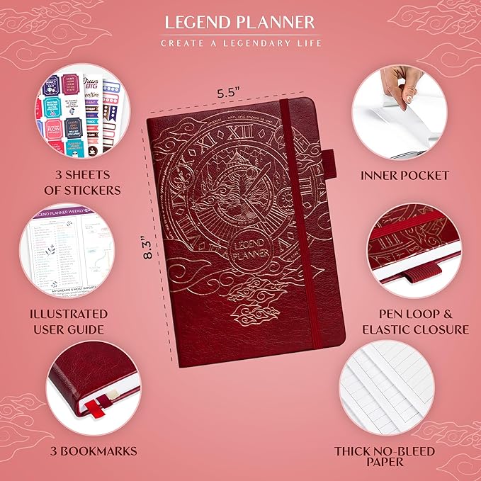 Legend Planner – Undated Weekly & Monthly Life Planner to Hit Your Goals & Live Happier, Organizer Notebook & Productivity Journal, A5 (Wine Red, Gold)