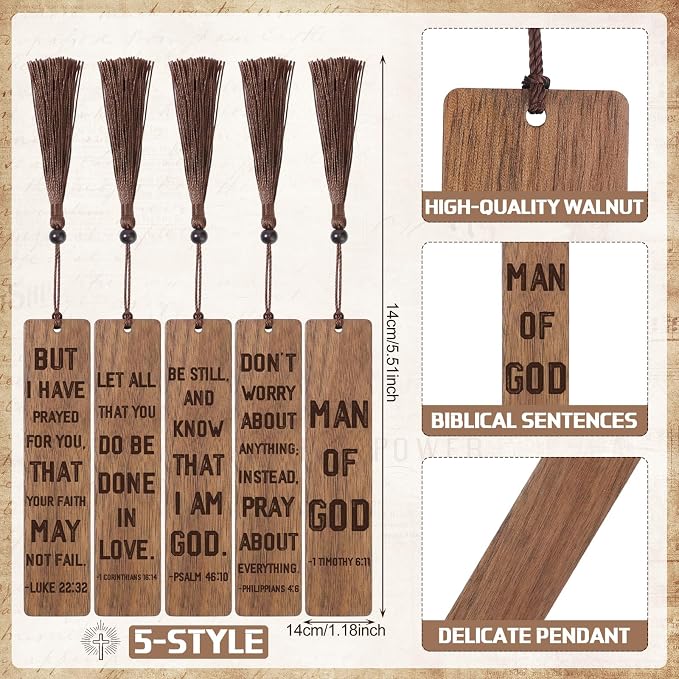 20 Pcs Father's Day Church Gifts 5.5" Walnut Christian Bookmarks for Men Man of God Wooden Bookmarks with Rope and Beads Handmade Carving Bible Book Marks for Father's Day Religious Favors
