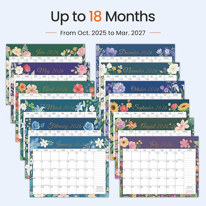 SUNEE Calendar 2026 Wall- 18 Months Wall Calendar Oct. 2025 - Mar. 2027, 11"x8.5" Horizontal Hanging Calendar with Note for Organizing & Planning, Floral