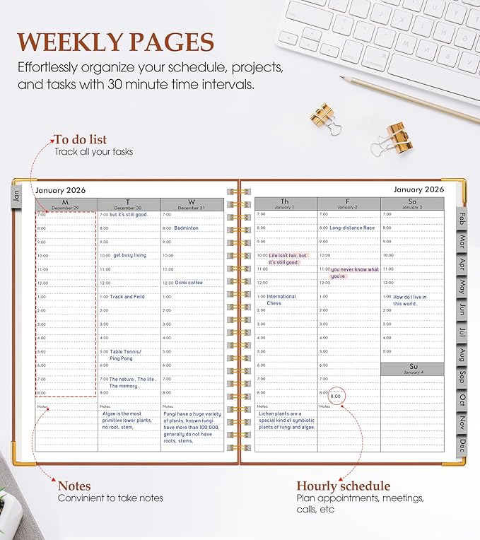2026 Planner, Weekly and Monthly Calendar Planner from January 2026 - December 2026, 5.75" x 8.38" Hardcover Leather Hourly Appointment Book with Tabs, A5 Spiral Daily Planners for College School Work Home, Brown