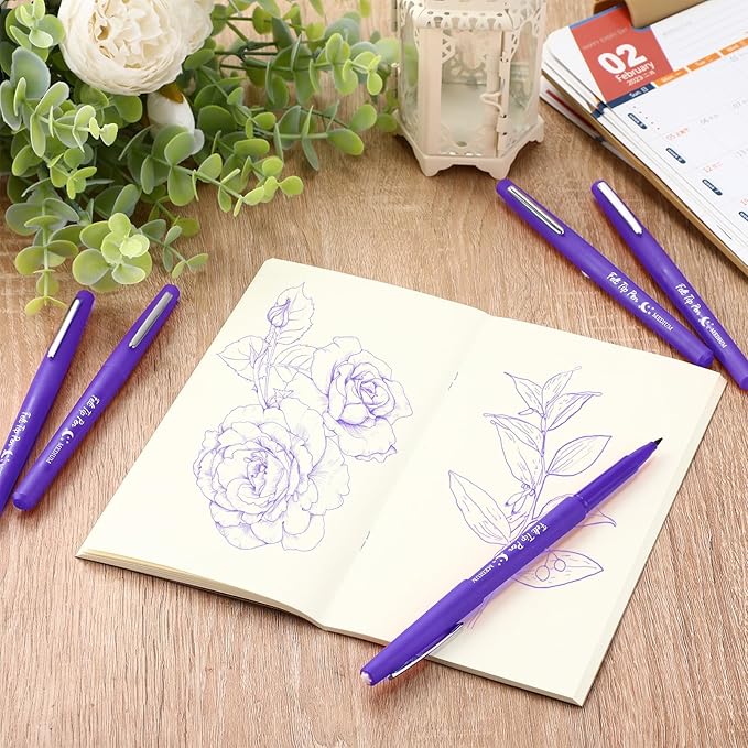 Fuyoooo 36 Pcs Purple Felt Tip Pens 0.7mm Medium Point Felt Tip Marker Pens Bulk, No Smear, Quick Dry for Journaling Planner Writing Note-taking Art Office and School Supplies