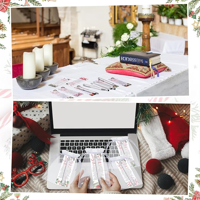 Dispowreath 24 Pcs/12 Sets Jesus is The Reason for The Season Gift, Include 12 Xmas Candy Cane Bookmark 12 Bible Verse Ballpoint Pen for Christmas Church Prizes Party Favors