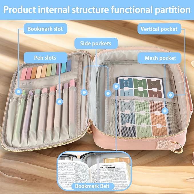 Bible Cover for Women Bible Case, Large Bible Bag, Bible Study Supplies Bible Journaling Kit Book Carrying Case with Bible Highlighters Tabs, Valentines Day Christian Gifts for Women（Pink