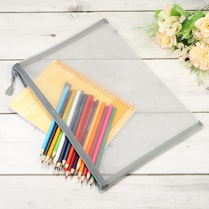 MECCANIXITY Mesh Zipper Bags, A4 Nylon Zip Pouch Pencil Case Storage Pockets for Travel Office Accessories, Gray Pack of 6