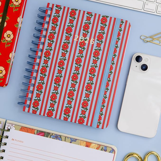 Vera Bradley 2025-2026 Medium Planner Daily Weekly & Monthly, 17 Month Hardcover Agenda Dated Aug 2025-Dec 2026, Cute Planner with Stickers, Pockets, & Spiral Binding, Tiny Poppy Stripe