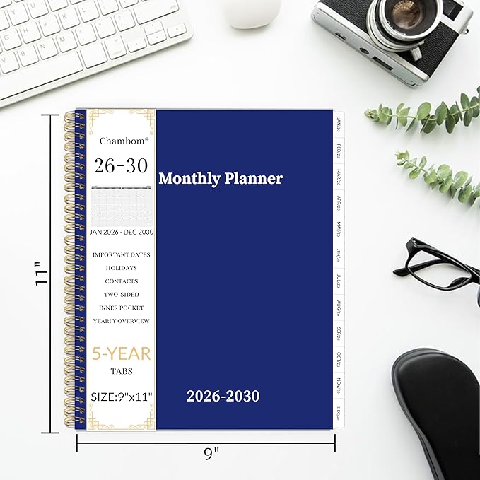 2026-2030 Monthly Planner 5 Year Monthly Planner/Calendar 2026-2030, Jan 2026 – Dec 2030, 9" x 11", Tabs, Double-Side Pocket, Holidays, Thick Paper - Navy Blue