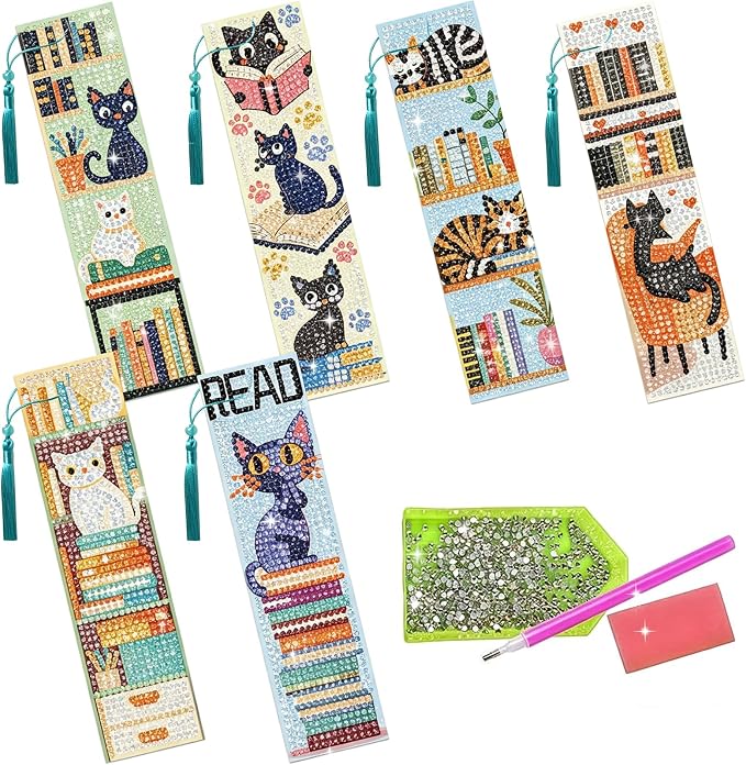 6Pcs Cat Reading Diamond Art Bookmarks Books Diamond DIY Painting Bookmarks Bookshelves Rhinestones Beaded Acrylic Tassel Bookmark for Adult Beginner Crafts