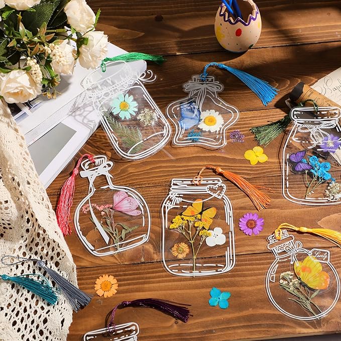 TaoBary 152 Pcs DIY Transparent Dried Flower Bookmark Set Handmade DIY Bookmarks with Dried Pressed Flowers Leaves Butterfly Stickers Colorful Tassels and Tweezers for Reader Writer(Rainbow Color)
