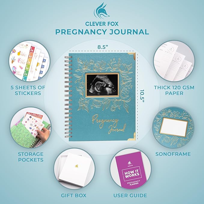 Clever Fox Pregnancy Journal & Memory Book - Pregnancy Planner & Notebook for Expecting Moms – Baby Keepsake, First Time Moms Gift (Aquamarine, 9" x 10.5" SonoFrame Edition)