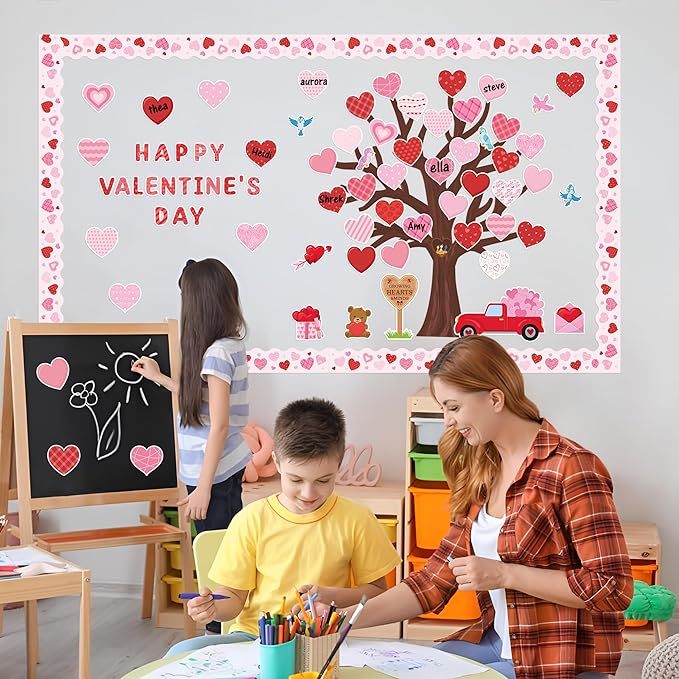 136Pcs Valentine’s Day Tree Bulletin Board Classroom Decoration Set Heart Bulletin Board Name Tags Hearts Tree Cutouts Chalkboard Wall Decor for Elementary School Home Valentines Supplies