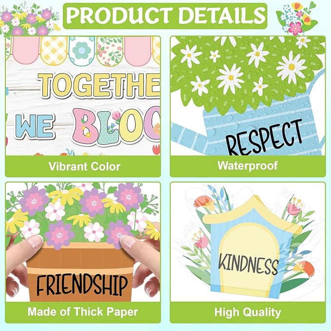 Spring Bulletin Board Decoration Flower Together We Bloom Positive Classroom Decorations Floral Bulletin Board Colorful Wildflower Bee Cutouts for Nursery Chalkboard Window Wall Door Home Office Decor