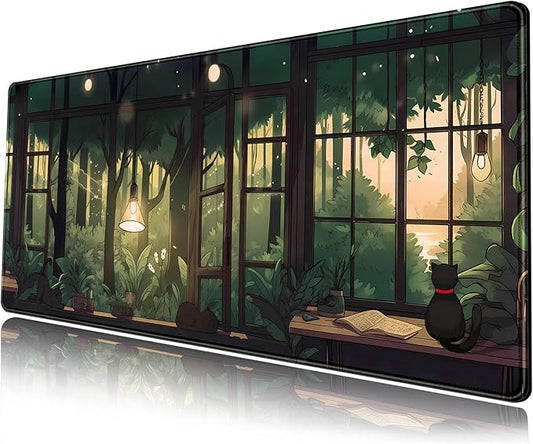Cute Lofi Desk Mat Green Plants Mouse Pad Large Black Cat Aesthetic Desk Pad Kawaii Anime Extended Gaming Mousepad XL Laptop Keyboard Mouse Mat Deskmat 31.5"x11.8" Cute Office Decor
