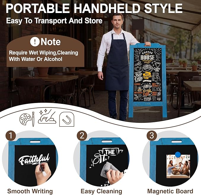 Magnetic Portable A-Frame Chalkboard Signs, 40" x 20" Large Wood Sandwich Board Signs Outdoor, Double-Sided Sidewalk Standing Chalk Board for Business, Wedding, Vendor Display, Coffee Shope - Blue