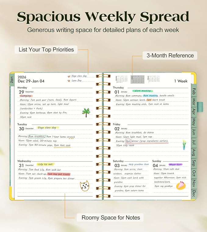 2026 Planner, Hardcover Weekly and Monthly Planner for Women, January 2026 - December 2026, Spiral Yearly Agenda Organizer Book 2026 with Tabs, Daily Calendar Planners for School Work Home, A5 (5.75" x 8.38"), Teal Marble
