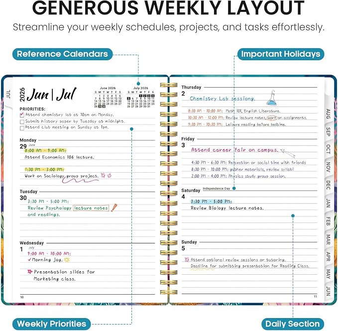 Planner 2026–2027, Weekly & Monthly Academic Organizer for School Year, Jul 2026–Jun 2027, Hardcover Planner with Tabs, Back to School Essential, 6.3" x 8.5", Coral Garden
