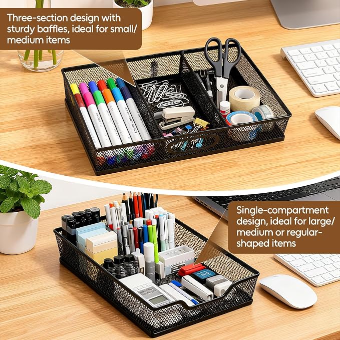 Yummy Sam 2 Pack Desk Drawer Organizer Tray, Office Drawer Organizer Tray with 2 Dividers, Metal Mesh Drawer Organizers for Desk, Desktop, Office Supplies, 12.2X8.8x2.1Inches