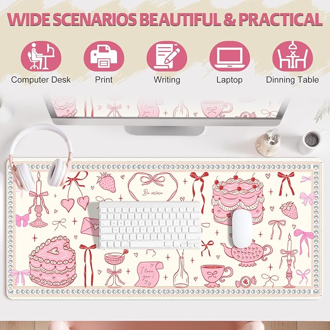 Desk Pad for Keyboard and Mouse, Large Mouse Pad for Desk, Non-Slip Keyboard Mat, Computer Mats for Desk, Cute Desk Pad with Stitched Edges for Office, Gaming I Kawaii Pink Bow Heart