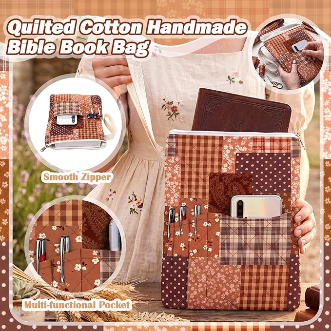 Gilprop Bible Book Sleeve with Zipper 11" x 9" Padded Protector Washable Quilted Book Covers Printed Bible Pouch with Handle Pockets Protector for Books Lover Christian Gifts (Brown Spliced Style)