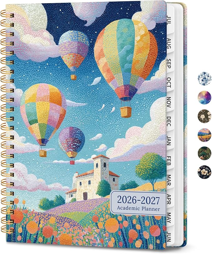 Planner 2026–2027, Academic Planner Weekly and Monthly Calendar Jul 2026 – Jun 2027 Hardcover Planner with Tabs and Pocket, Spiral Bound Agenda Book for Student & Teacher, 6.3" x 8.5", Balloon Valley