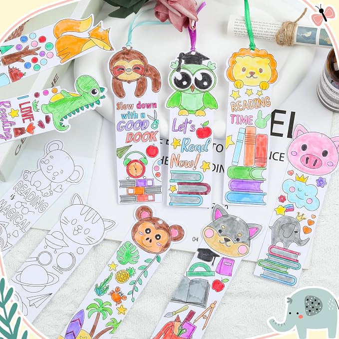 140PCS Color Your Own Bookmarks, 14 Styles Animal DIY Coloring Blank Bookmarks for Kids, Cartoon Animal Unfinished Page Marker for Reading Lover, Party Game Prize Classroom