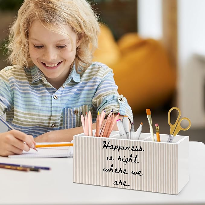 Motivational Pen Holder, Inspirational Office Pen Pencil Holder Organizer for Desk Accessories, Happiness Is Right Where We Are Striped Wooden Box Desk Decor for Home Office Desk Decorations
