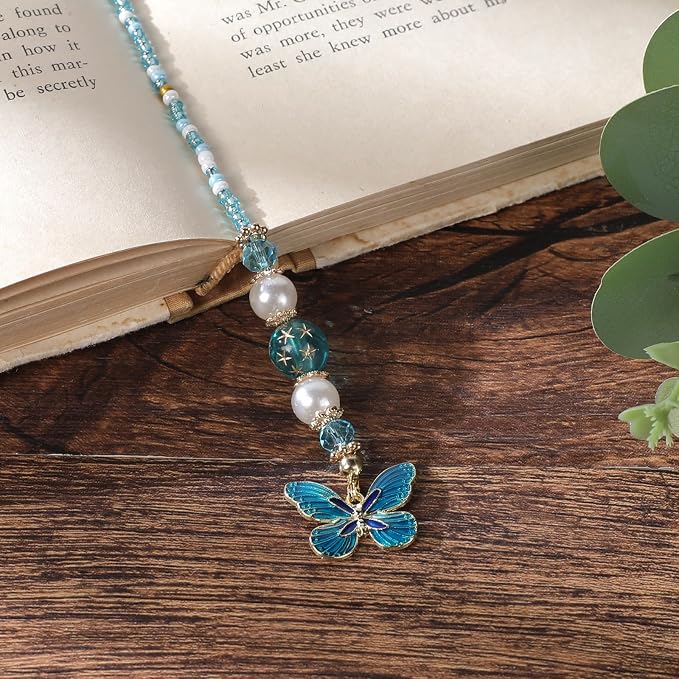 Blue Butterfly Beaded Bookmark - Fantasy Crystal Bead Gold Chain Fantasy Bookmark, Butterfly Aesthetics Pendant, Book Marks Gifts for Books Lovers Students Teacher Office School Supplies