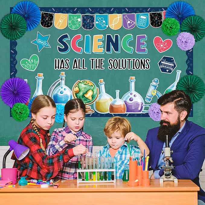 Science Bulletin Board Decorations Set with 3D Tissue Paper Flower Paper Fan Science Classroom Bulletin Board Border Scientist Laboratory Cutouts for Back to School Chalkboard Teacher Supplies