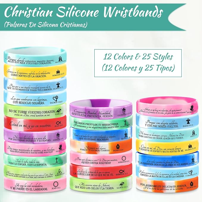 Feifeiya 25 Sets Spanish Christian Gifts Bulk, Bible Emergency Numbers Bookmarks, Scripture Wristbands and Pens, VBS Church Favors, Religious Graduation Gifts, Fathers Day Church for Men Women