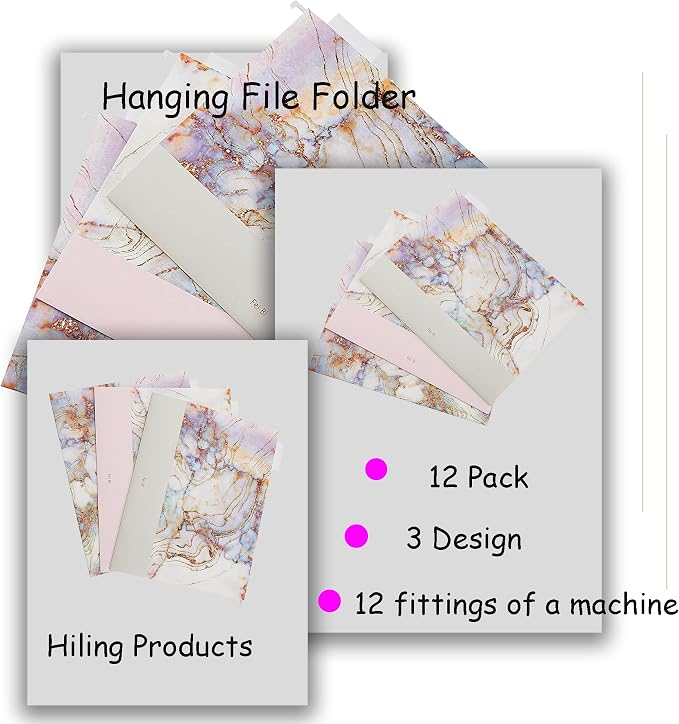 12 Pack Hanging File Folders Filing Cabinet Organizer Letter Size 1/5 Cut Adjustable Tabs Decorative for Home Office School Classroom,Marble