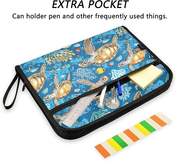 Sea Turtle Fish File Folders, Plastic Folders with 13 Pockets, Expandable File Folder for Documents School Students Office, Aesthetic Folder with Labels A4 Letter Size