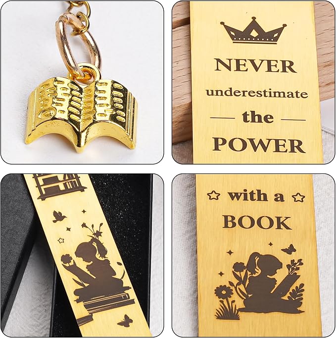 Inspirational Bookmark Gifts for Girls Women - Never Underestimate The Power of a Girl with a Book, Gift for Book Lovers Teachers Friends Readers Students Graduation Birthday Christmas (Gold)