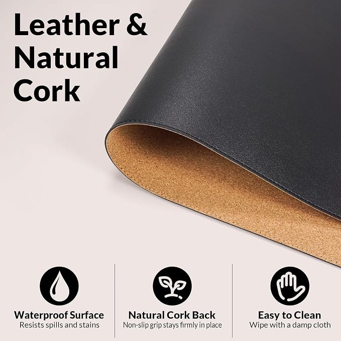 AFIING Cork Desk Mat, Black, 31.5" x 17",Desk Pad Protector | Dual-Sided Cork & PU Leather, Large Mouse Pad, Non-Slip & Waterproof