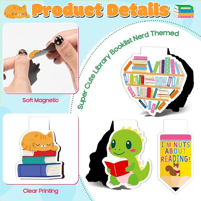 24Pcs Magnetic Bookmarks for Reading - Super Cute Library Booklist Nerd Themed Book Marker, Bookish Reading Page Marker Clip Bookish Nerd Gift for Reader Graduation Back to School Rewards Birthday