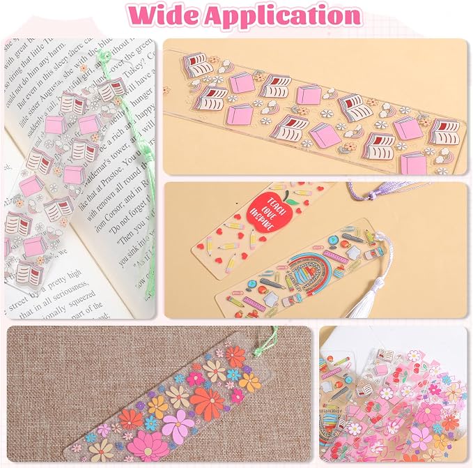 16 Set Acrylic Bookmark Blanks, 16 Sheets UV DTF Stickers 4 Colors Tassels Clear Packing Bags and Pink Bookmark Display Card for Hanging Tag, DIY Crafts, Gift, Bookmarks