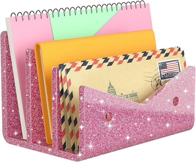Mail Organizer Envelope Holder - 3 Compartments Glitter Pink Acrylic Mail Holder Countertop Vertical Desk Organizer Small File Bill Document Notebook Letter Sorter for Home School Office