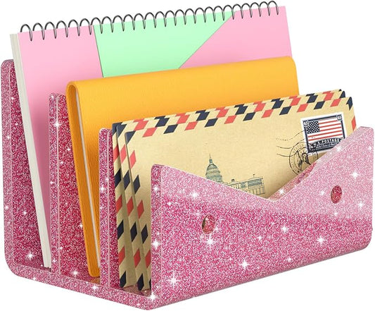 Mail Organizer Envelope Holder - 3 Compartments Glitter Pink Acrylic Mail Holder Countertop Vertical Desk Organizer Small File Bill Document Notebook Letter Sorter for Home School Office