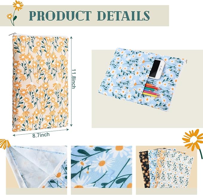 4 Pcs Floral Book Sleeve with Zipper Daisy Flower Fabric Cute Washable Book Protector for Women Reader Bookish Gifts Accessories, 11.8 x 8.7 Inch